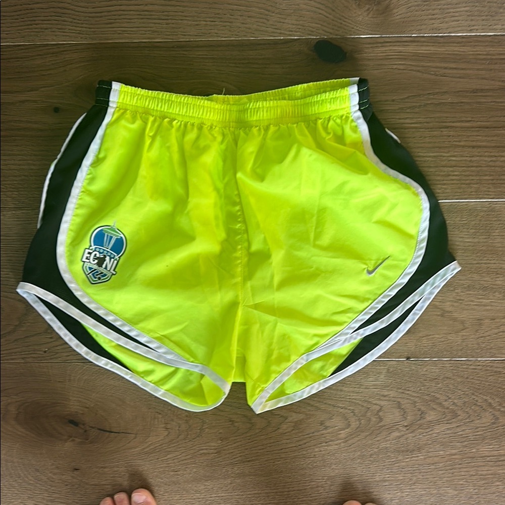 Nike Neon Yellow Athletic Shorts with Curved Hem and Elastic Waistband